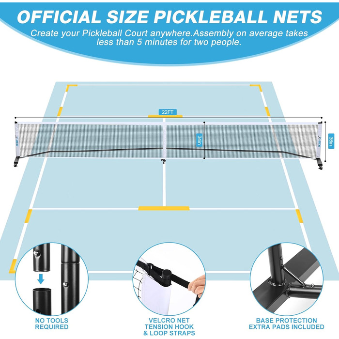 Сітка для гри в піклбол на колесах - портативна сітка 6,7 м, 4 ракетки та м'ячі, 12 маркерів для корту, міцна сталева рама
