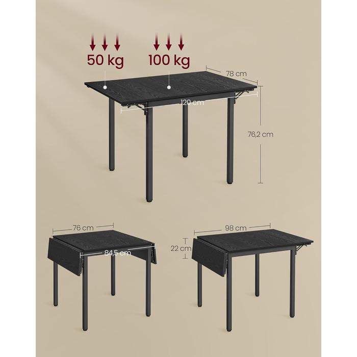 Розкладний кухонний стіл VASAGLE для 2-4 осіб, чорний, KDT077B03