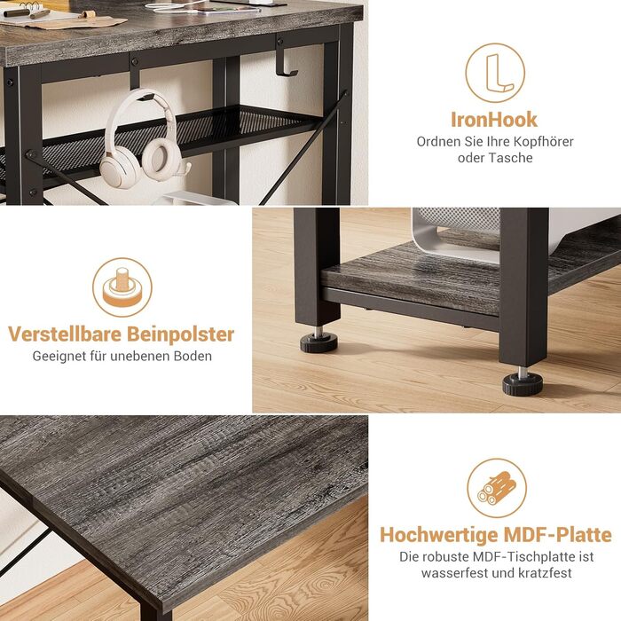 Ігровий стіл з LED підсвічуванням та розетками, стіл для комп'ютера з USB, стіл для ігор з підставкою для монітора, сучасний офісний/студентський стіл для офісу та ігрової кімнати (грабовий дуб)