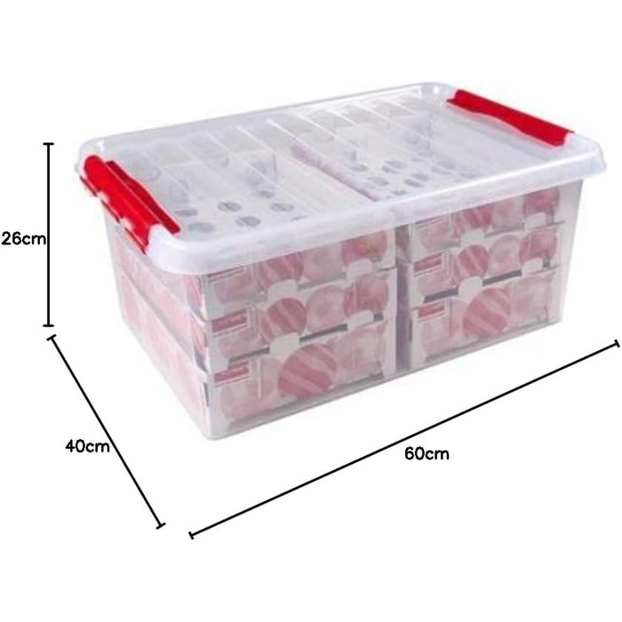 Коробка для прикрас SUNWARE Q-Line 45 л з підносами для 98 ялинкових кульок, прозора/червона