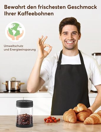 OUTPEAK Neo 2025 Kilo Auto-Vakuum-Kaffeedose: Герметичний контейнер для кави на 1,5 л (500 г) з автоматичним вакуумом, нержавіюча сталь, для бариста, подарунок (великий, матовий чорний) (G750)