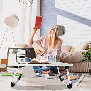 Стіл для ноутбука в ліжко/на диван, складаний, з USB-портами, ящиком та підставкою для планшета (60 x 40 см, білий)