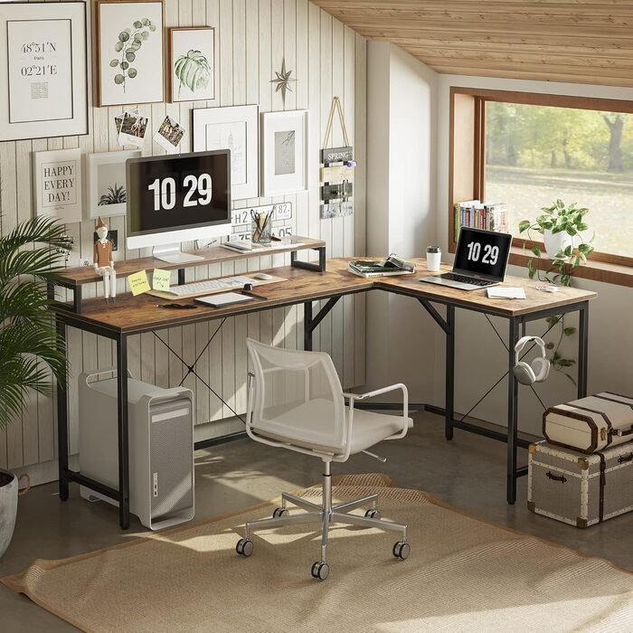Ігровий стіл CubiCubi L-подібний, 150x120 см з підставкою для монітора та кишенькою, вінтажний коричневий