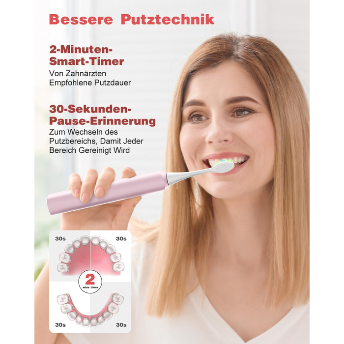 Електрична звукова зубна щітка, 5 режимів, рожева, з таймером та 6 насадками DuPont