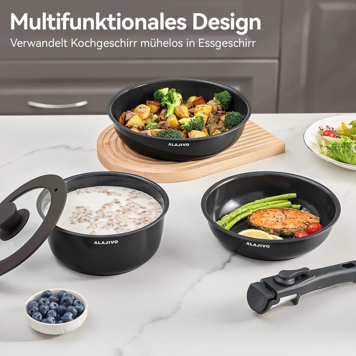 Набір каструль та сковорідок 9-ти частинний з антипригарним покриттям, для всіх типів плит, включаючи індукційні, сумісний з духовкою (темно-сірий)