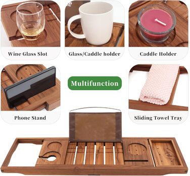 Підставка для ванни VaeFae з текового дерева, регульована, з тримачем для напоїв та книг, висувна, з безкоштовною тековою щіткою для тіла