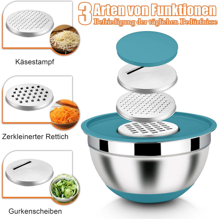 Набір місок Homikit з нержавіючої сталі, 6 шт. з тертками, кришками та силіконовим дном, 4.6/2.8/2.5/1.6/1.2/0.7 л, багатобарвний