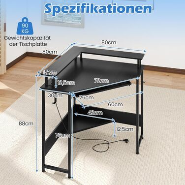 COSTWAY кутовий стіл з зарядкою, трикутник, LED-підсвітка, підставка для клавіатури та монітора, геймінговий, для дому/офісу (білий/чорний)