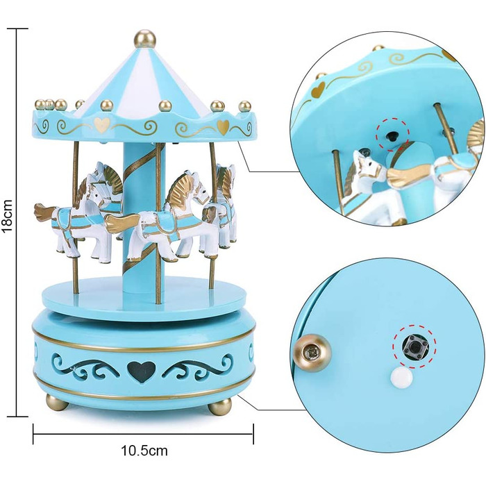 Дерев'яна вінтажна музична шкатулка з каруселлю, Обертова музична шкатулка на 4 коні з яскравим світлодіодним освітленням, прикраса для іграшок, Різдвяний подарунок для дівчаток, дітей (синій)