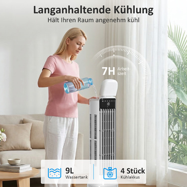 Портативний охолоджувач повітря 3-в-1 з резервуаром для води 9 літрів, кутом охоплення 48°, 3 швидкостями, 3 режимами, білий