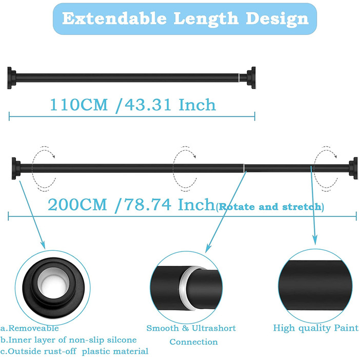 Стрижень для душу з нержавіючої сталі, , без свердління, для завіси для душу, висувний стрижень, для душу, ванни, вікна ванної кімнати, 70-120 см, новий дизайн (Чистий білий, 110-200 см (, 22 мм)