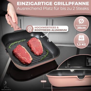 Сковорода-гриль NEU 28 см з виливом та знімним ручками, антипригарне покриття, без PFOA, для індукційних плит, можна використовувати в духовці | сковорода з покриттям для грилю | сковорода для стейків (Рожева)