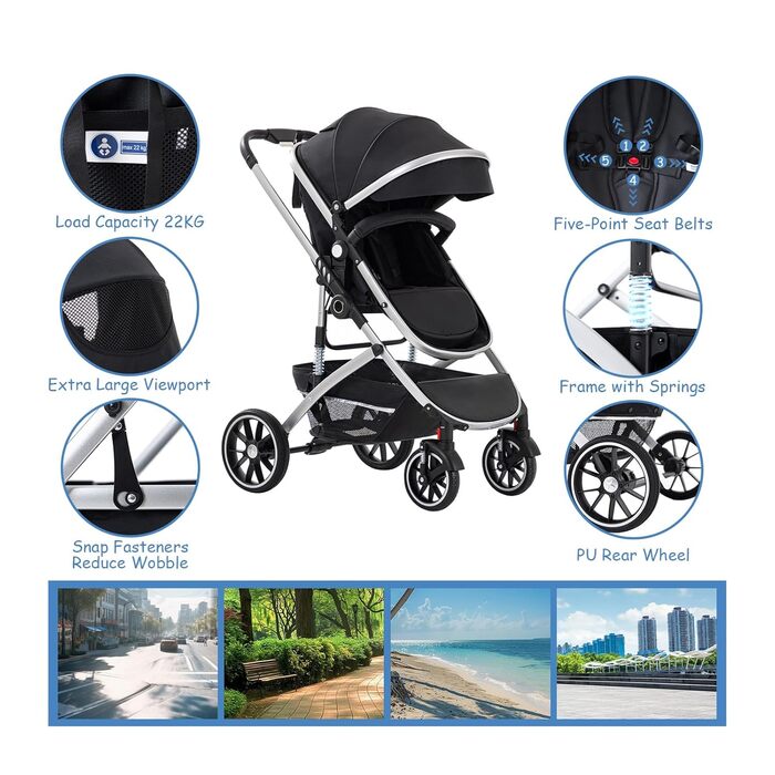 Дитяча коляска 3 в 1, туристична, швидко складається, з фіксацією передніх коліс, для дітей 0-4 роки (сірий)