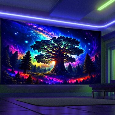 Гобелен Arsey Blacklight Forest Trippy UV реактивний, Дерево Зірки Галактика, 300x180см, Багатобарвистий, XXXL