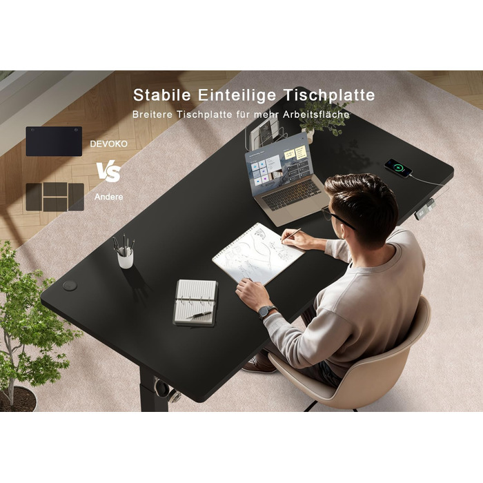 Електричний підйомний стіл Devoko 160x80 см, ергономічний комп'ютерний стіл для роботи стоячи та сидячи, стільниця 25 мм, подвійний мотор, пам'ять, USB-C (Чорний)