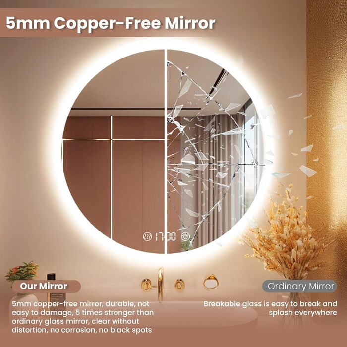 Дзеркало для ванної кімнати Habison з підсвічуванням 70x70 см, LED, з годинником та сенсорним вимикачем, регулювання яскравості, тепле/холодне/нейтральне світло, антизапотівання, 3-кратне збільшення