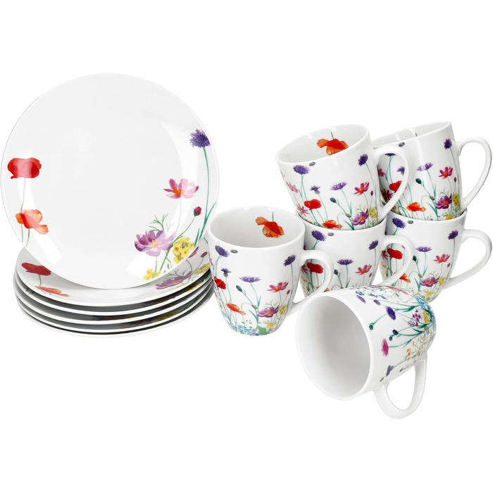 Набір посуду MamboCat Marie (12 предметів) для 6 осіб | Фарфоровий посуд з квітковим декором | 6 тарілок та 6 чашок 320 мл | Для сніданку та кави