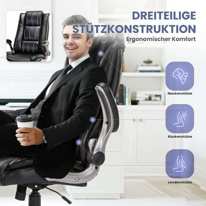 Крісло для офісу Colamy з шкіри, ергономічне, широке, з кишеньковим пружинним блоком, до 136 кг, дихаюче та зручне (чорне)