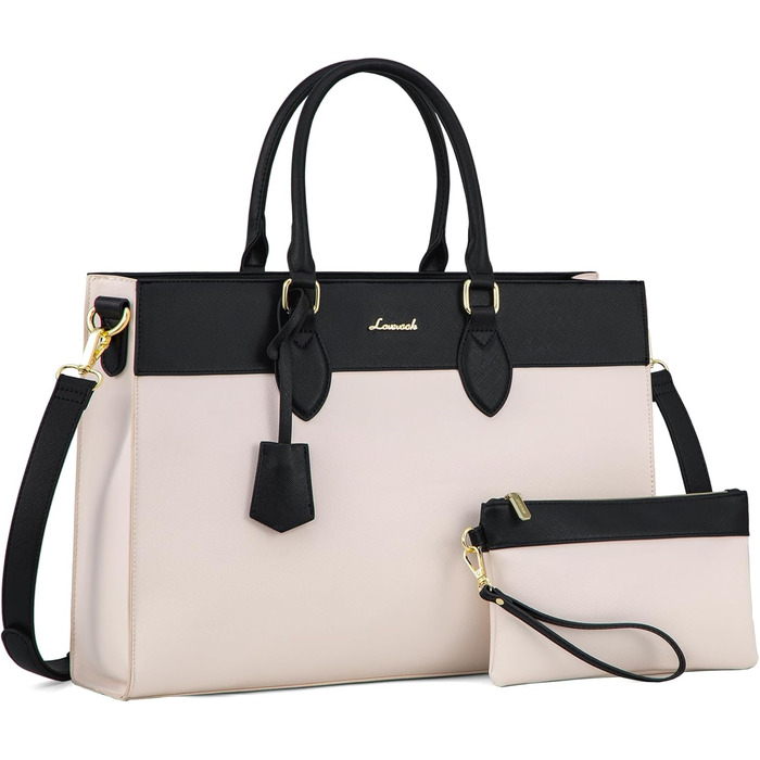 Сумка для ноутбука LOVEVOOK 15.6 дюймів, велика робоча сумка, водонепроникна сумка з PU шкіри, сумка-шоппер, акцентна сумка, сумка для навчання, сумка через плече для бізнесу, роботи, університету, школи (Бежево-чорна, M)