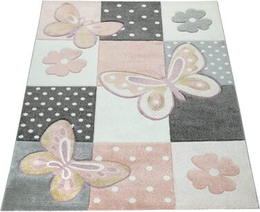 Домашній дитячий килим Paco для дитячої кімнати, різнокольорові рожеві метелики, картатий візерунок, точкові квіти, розмір (діаметр 200 см круглий)
