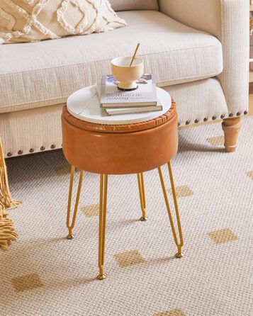 Пуф-табуретка з велюру круглої форми, золоті ніжки, для макіяжу та відпочинку, L/G-30P (з ящиком для зберігання, світло-коричневий)