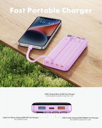 Кабелі, LED-дисплей, 6 виходів, сумісний з iPhone/Huawei/Samsung, фіолетовий, 20000mAh, USB C, 4