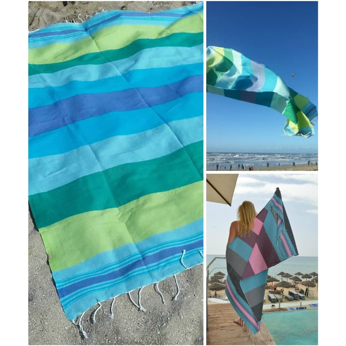 Жіночий хамамовий рушник ZusenZomer Fouta XL 100x190-Хаммам Пляжний рушник Хаммам рушник-100 бавовна з гребенем Oeko-TEX-Fair Trade рушники для хамаму (200 х 200 см, бірюзовий, синій і зелений)