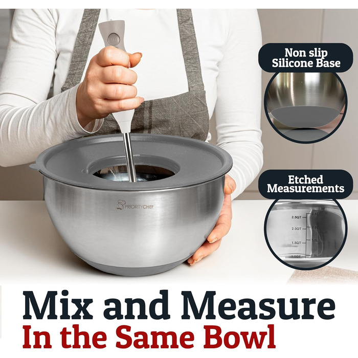 Набір міксерів PriorityChef з нержавіючої сталі з кришками, 3 насадки-терки, герметичні кришки, силіконова антиковзаюча основа, великі кухонні миски для приготування їжі, зелений (сірий)