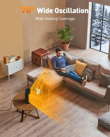 Електричний обігрівач з керамічним нагрівачем, 1500 Вт, 3 режими, осциляція 70°, захист від перекидання, тихий обігрівач для офісу, вітальні, спальні