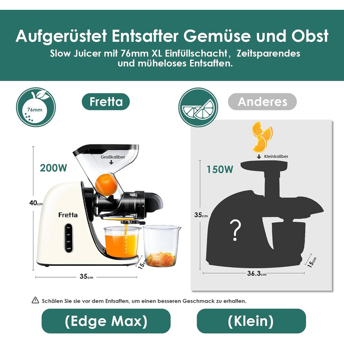 Фрета Slow Juicer: Електрична холодний відцентровий соковитискач для овочів та фруктів, 200W, 76 мм, легке очищення (кремовий)