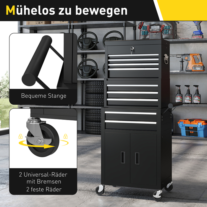 Набір інструментів 3-в-1, інструментальна шафа з 4 колесами, замикається, інструментальний ящик з 9 висувними ящиками, сталь, чорний
