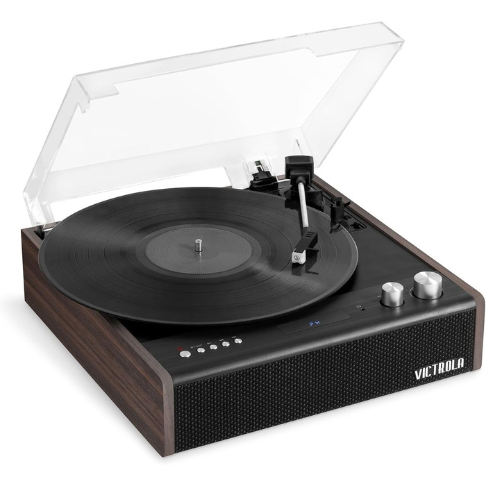 Програвач платівок Victrola Eastwood з вбудованими динаміками, Bluetooth 5.1, технологією Vinyl Stream, ретро-дизайн, три швидкості, звукознімач Audio Technica AT-3600LA, колір еспресо