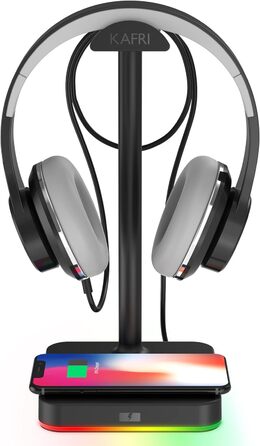 Підставка для навушників KAFRI RGB з бездротовим зарядним пристроєм, чорна. Підходить для геймерів та настільних ігор. USB-порт, 10W/7.5W