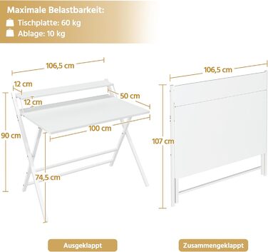 Зламуваний стіл Yaheetech 80 см, комп'ютерний стіл з полицею, двоступеневий робочий стіл з підставкою для монітора, стіл для ноутбука для домашнього офісу/маленьких кімнат/вітальні, білий, 80 см x 50 см, білий, 106.5x60.5x90 см