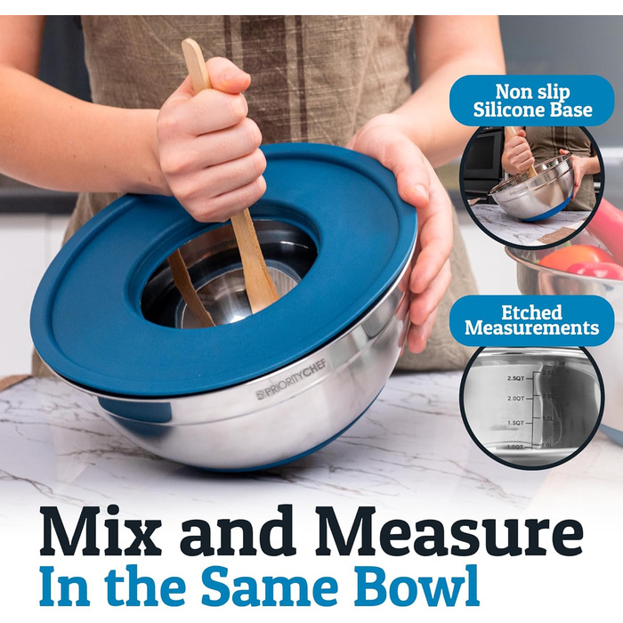 Набір місок для перемішування Priority Chef (6 шт.) з кришками, нержавіюча сталь, з антиковзними днами, 3 тертки, блакитний