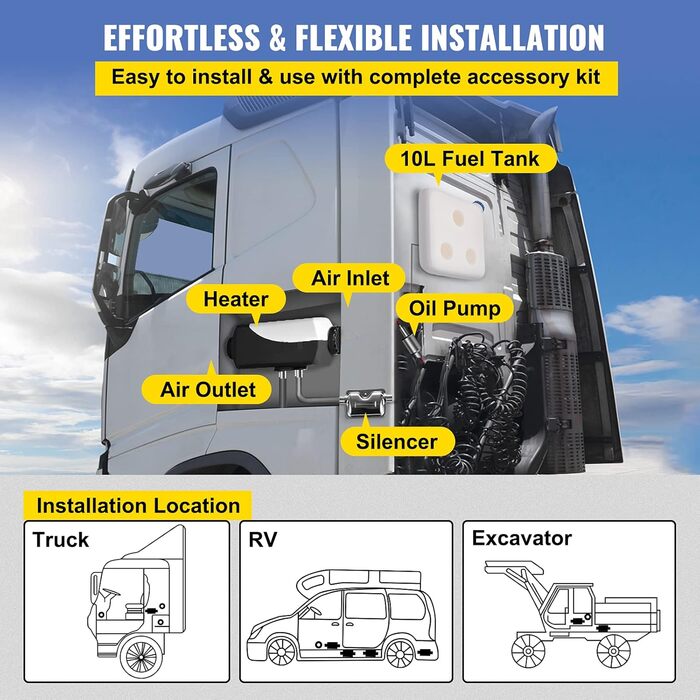 Автономний дизельний опалювач VEVOR 12V 8kW з LCD-дисплеєм та пультом дистанційного керування, 0.16-0.62 л/год, дизельний опалювач для автомобіля