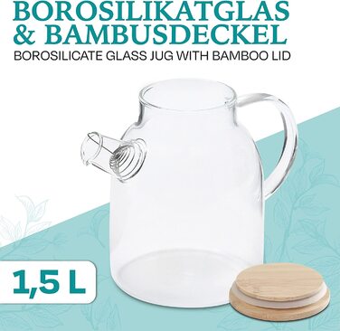 Скляний чайник об'ємом 1,5 літра з кришкою з бамбука-фільтр на носику - для гарячих і холодних напоїв - можна мити в посудомийній машині