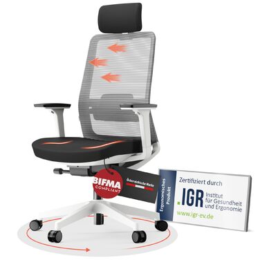 Yaasa Chair Plus: Ергономічне офісне крісло з підголівником, 2D-підтримкою спини та 4D-підлокітниками - Біле, Pro. Переможець тесту! До 150 кг.