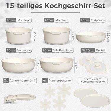 Набір кухонного посуду YASHE 15 предметів: каструлі та сковорідки з гранітно-покриттям, знімні ручки, стакеві, легко миються, сумісні з індукцією, газом та склокерамікою, білий