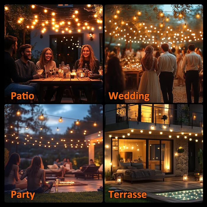 Ланцюжок прикрас для зовнішнього використання з таймером, 15 м LED-ланцюжок живлення на вулиці з 25+2 G40 лампочками, 4 режими та регульована яскравість. Водостійкий гірлянда для саду, балкону, тераси, вечірки, весілля (тепле біле світло)