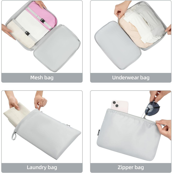 Набір органайзерів для одягу в валізу BAGAIL, 10 шт., різні розміри, дорожні пакувальні куби для ручної поклажі та коферів, світло-сірий