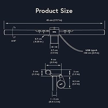 BenQ ScreenBar - LED лампа для монітора з регулюванням кольору та автоматичним затемненням, захист очей, USB зарядка, офісна лампа