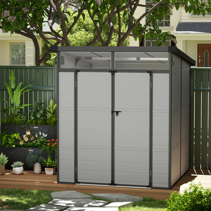 Садовий сарай Outsunny Garden Shed пластиковий 3,24 м³ 190x191x215 см Садовий сарай з моноскатним дахом, двері, що замикаються, Стійкий до погодних умов садовий сарай, Відкритий садовий сарай Шафа для заднього двору, Зовнішній, Світло-сірий | Аосом