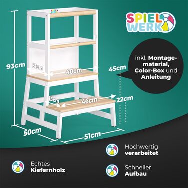 Навчальний столик-сходинка Spielwerk® для дітей від 2 років з дошкою, білий, 93 см, 100 кг, Montessori, з дерева, 2-в-1