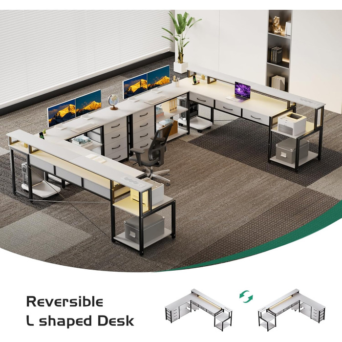 Кутовий стіл з ящиками, геймінговий стіл з розеткою, LED та підставка для монітора, 200 x 146 см, 7 тканинних ящиків, комп'ютерний стіл для офісу, робочого кабінету, спальні (Білий)