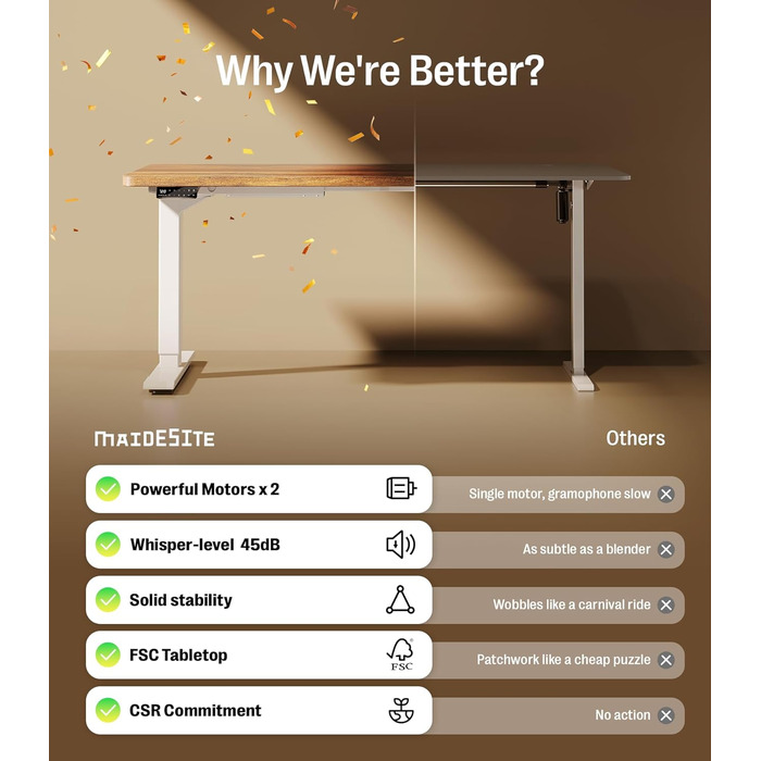 Регульований стіл MAIDeSITe S2 Pro (160x80 см) з електроприводом, 160 кг, захист від зіткнення, білий каркас + вінтажна коричнева стільниця