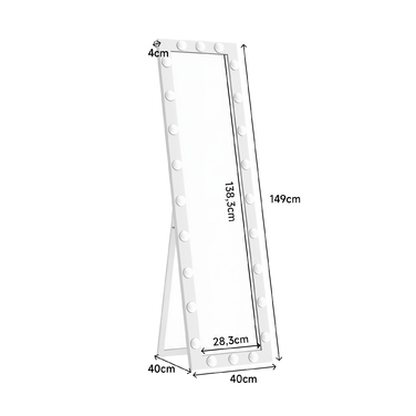 Дзеркало у повний зріст 150x40 см з LED-підсвічуванням та 24 лампочками, 3 кольори світла, підлогове, настінне або похиле. Білий колір.