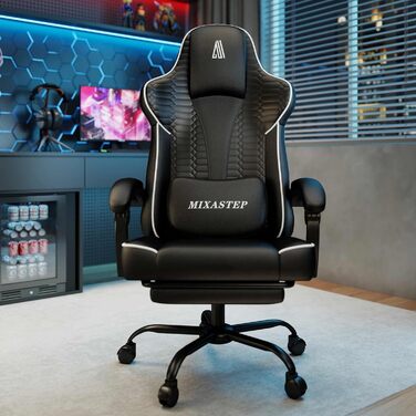 Ергономічне геймерське крісло з підніжкою, підголівником та підтримкою попереку. Регульоване геймерське крісло для дому та офісу. Біле.