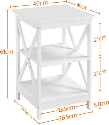 Журнальний стіл Yaheetech 3-ярусна тумбочка Тумбочка з Х-подібними ніжками столу Журнальний столик Журнальний столик для спальні та вітальні, 40x40x61см, білий