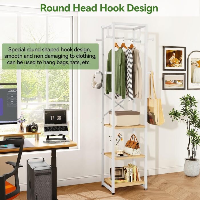 Підставка для одягу IBUYKE, вільного стояння, з 3 полицями та 8 гачками, індустріальний дизайн, для передпокою, коридору, спальні, 180 x 40 x 30 см, колір: натуральний та білий